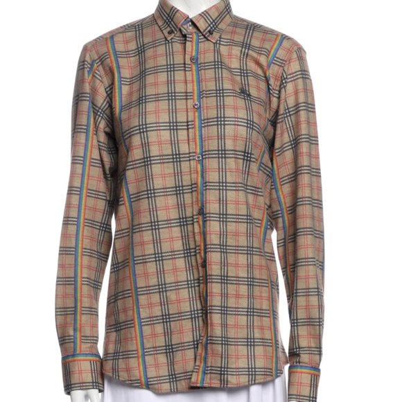 BURBERRY BRIT Plaid Print Long Sleeve Button-Up Top Size: S Rainbow - Picture 5 of 8